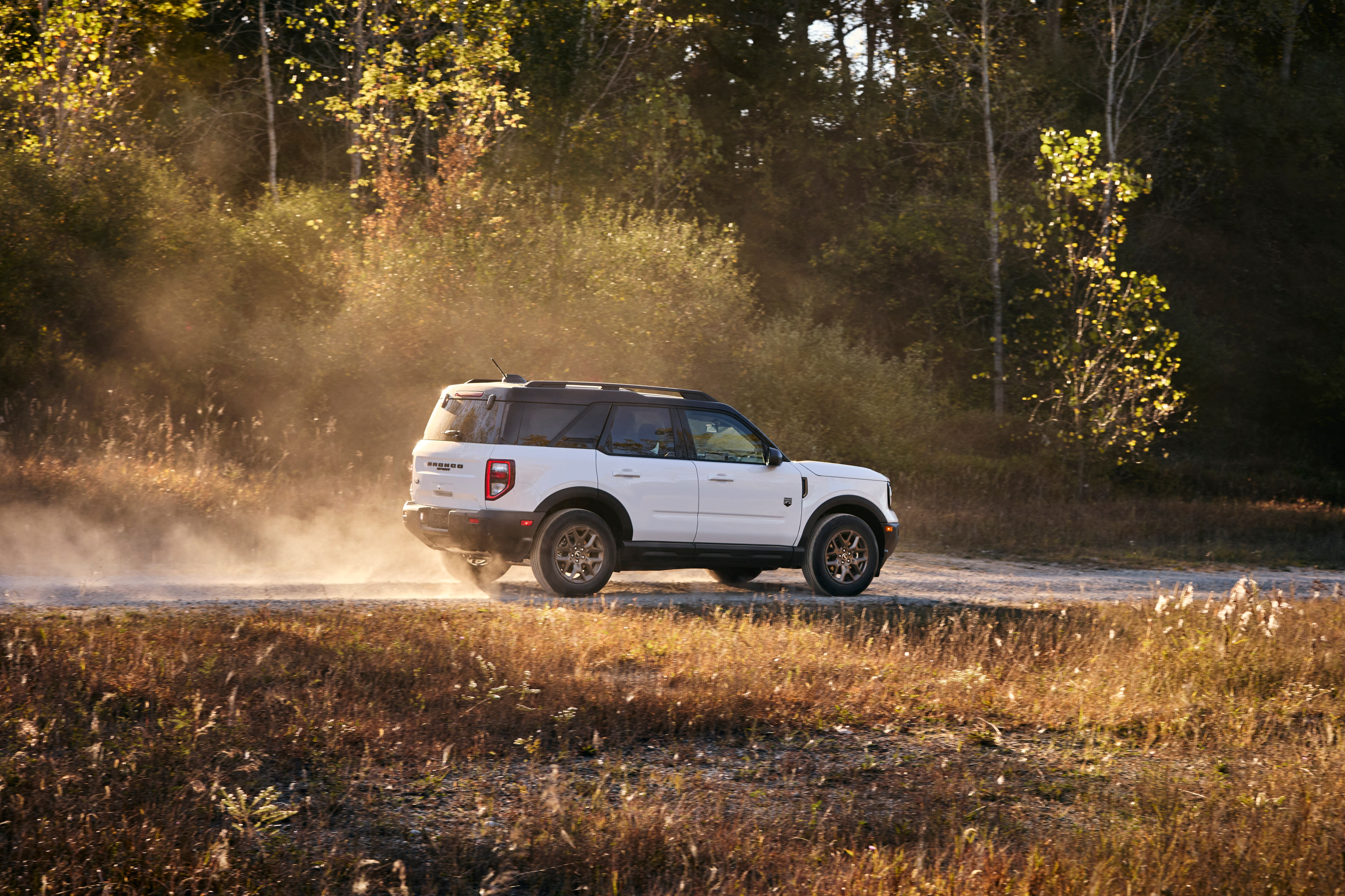 A white Bronco sport with a black top driving down a gravel path in a wooded area with golden sunlight surrounding.